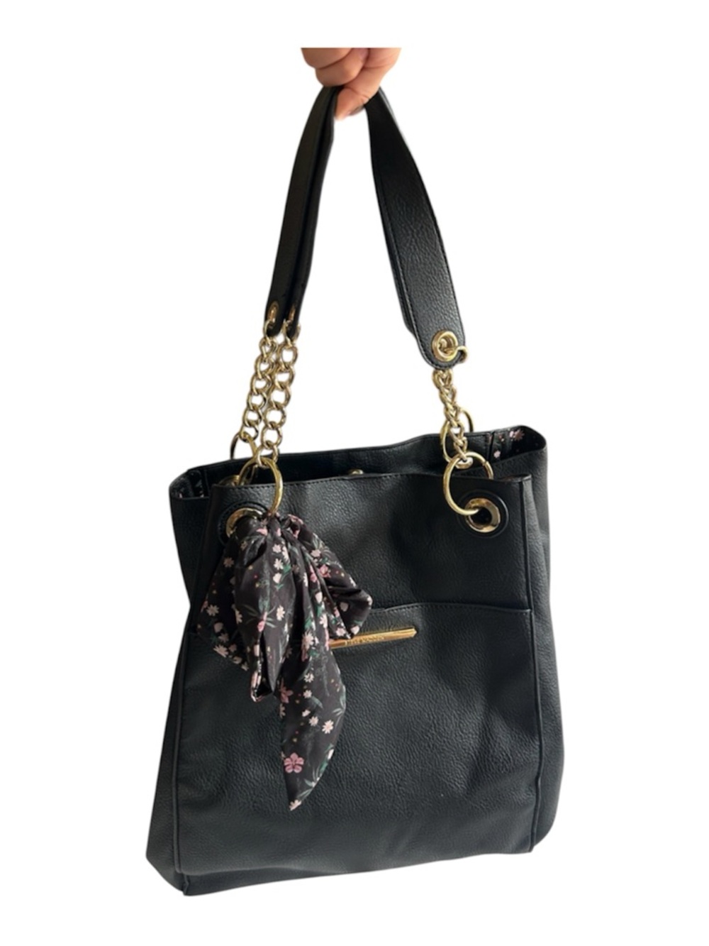 Steve Madden Black Pebbled Tote with Gold Chain Handles and Floral Scarf Accent